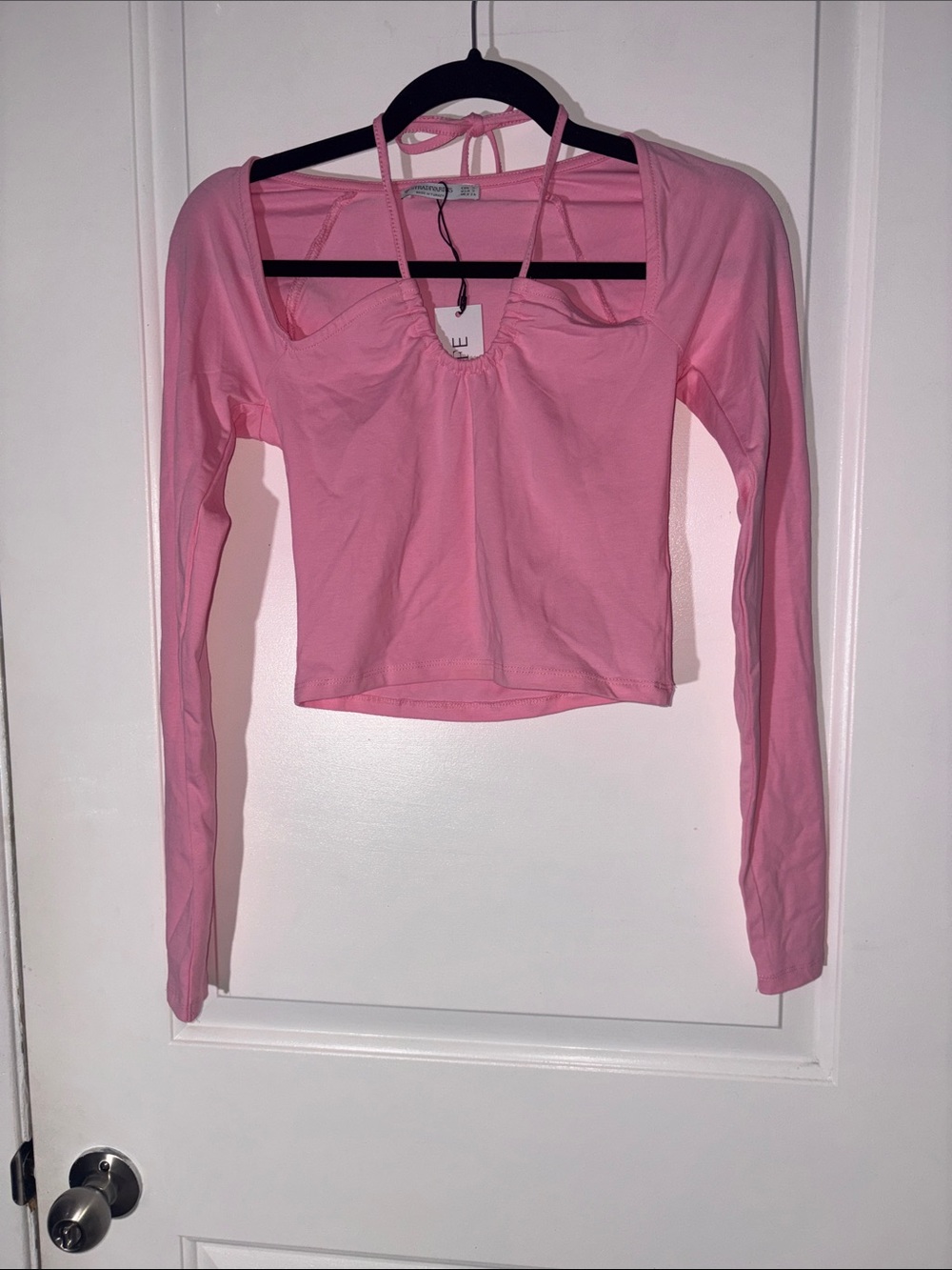 stradivarius Pink Long-Sleeve Square-Neck Crop Top with Tie Back